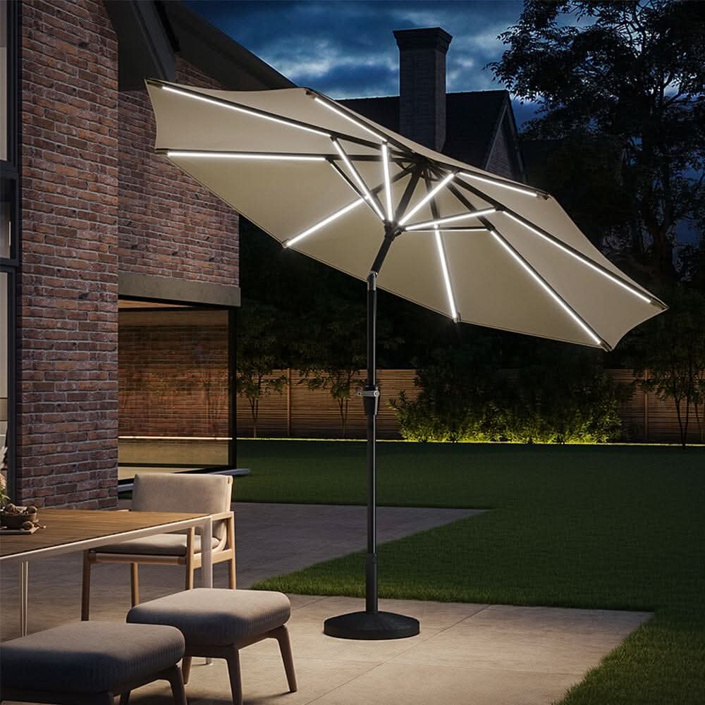 3M Sunbrella Umbrella Beige Lighted Market with Solar Strip LED Lights