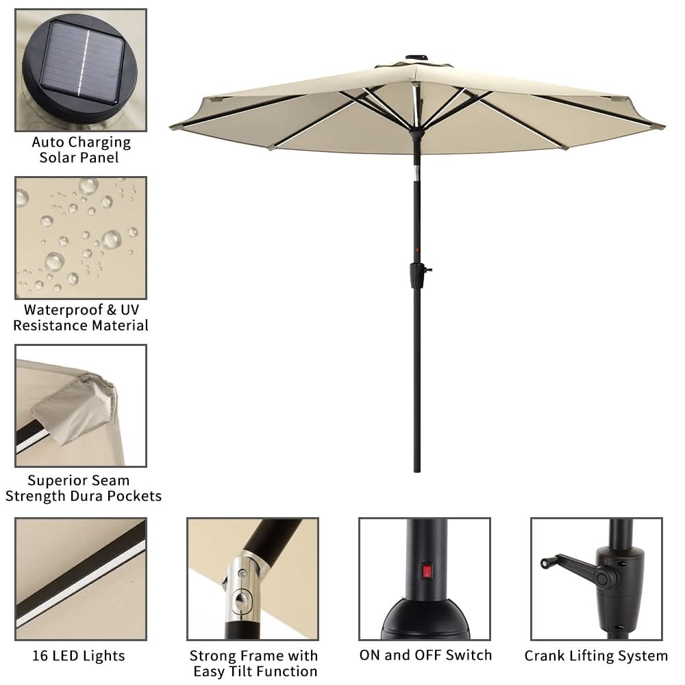 3M Sunbrella Umbrella Beige Lighted Market with Solar Strip LED Lights