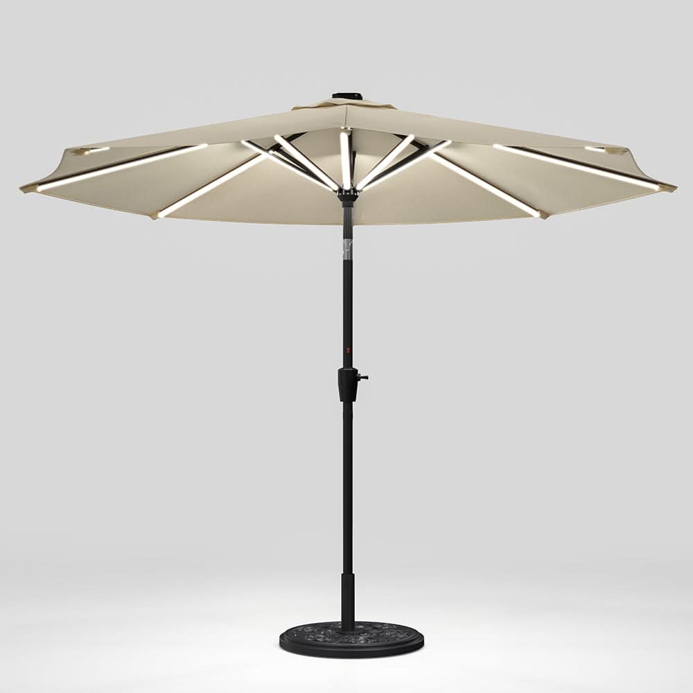 3M Sunbrella Umbrella Beige Lighted Market with Solar Strip LED Lights