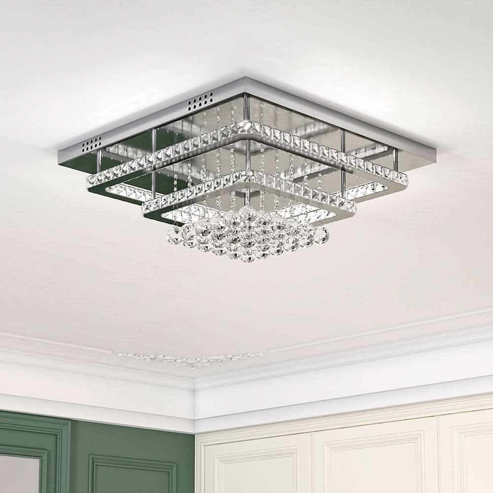 60cm W Double-Layer LED Ceiling Light Fixture with Crystal Drops