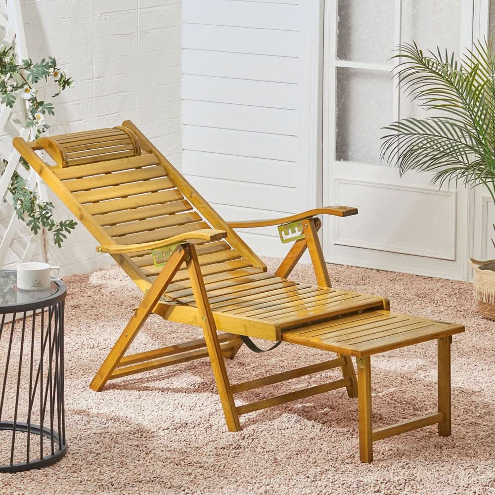 Foldable Bamboo Recliner Lounge Chair with Retractable Footrest