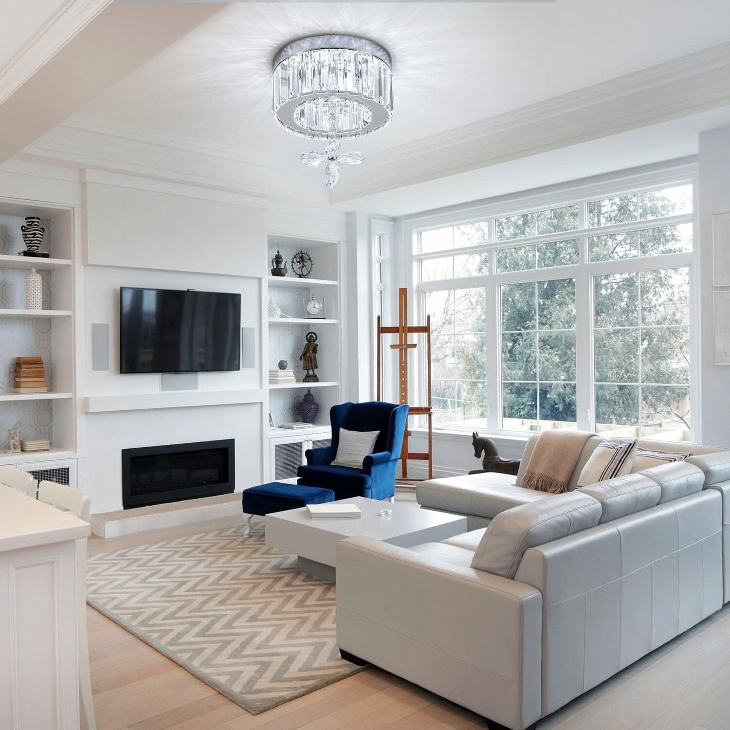 Modern Round Crystal Ceiling Light with Crystal Pendant