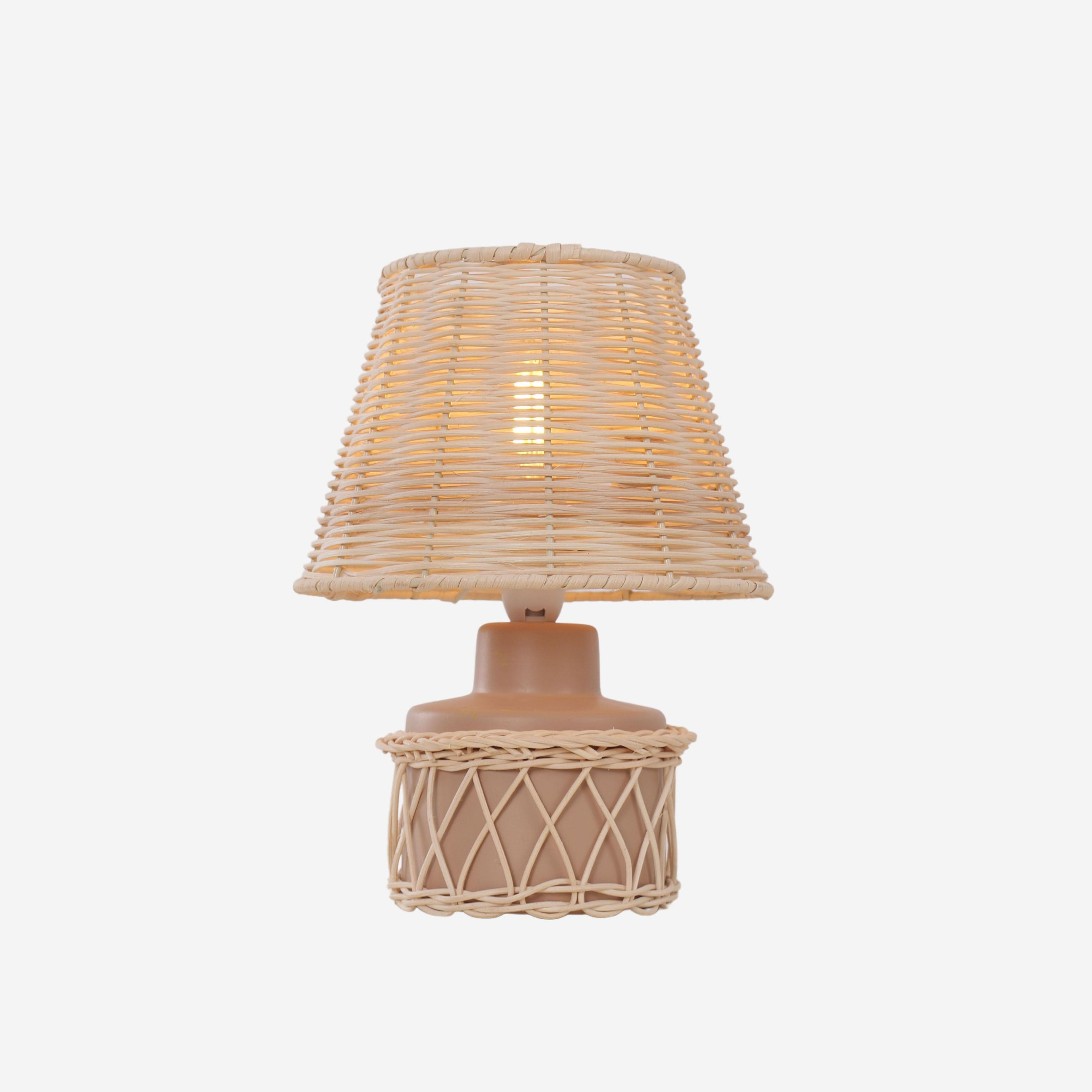 Lightsin Natural Rattan Table Lamp with Pink Wood Base for Bedroom and Living Room