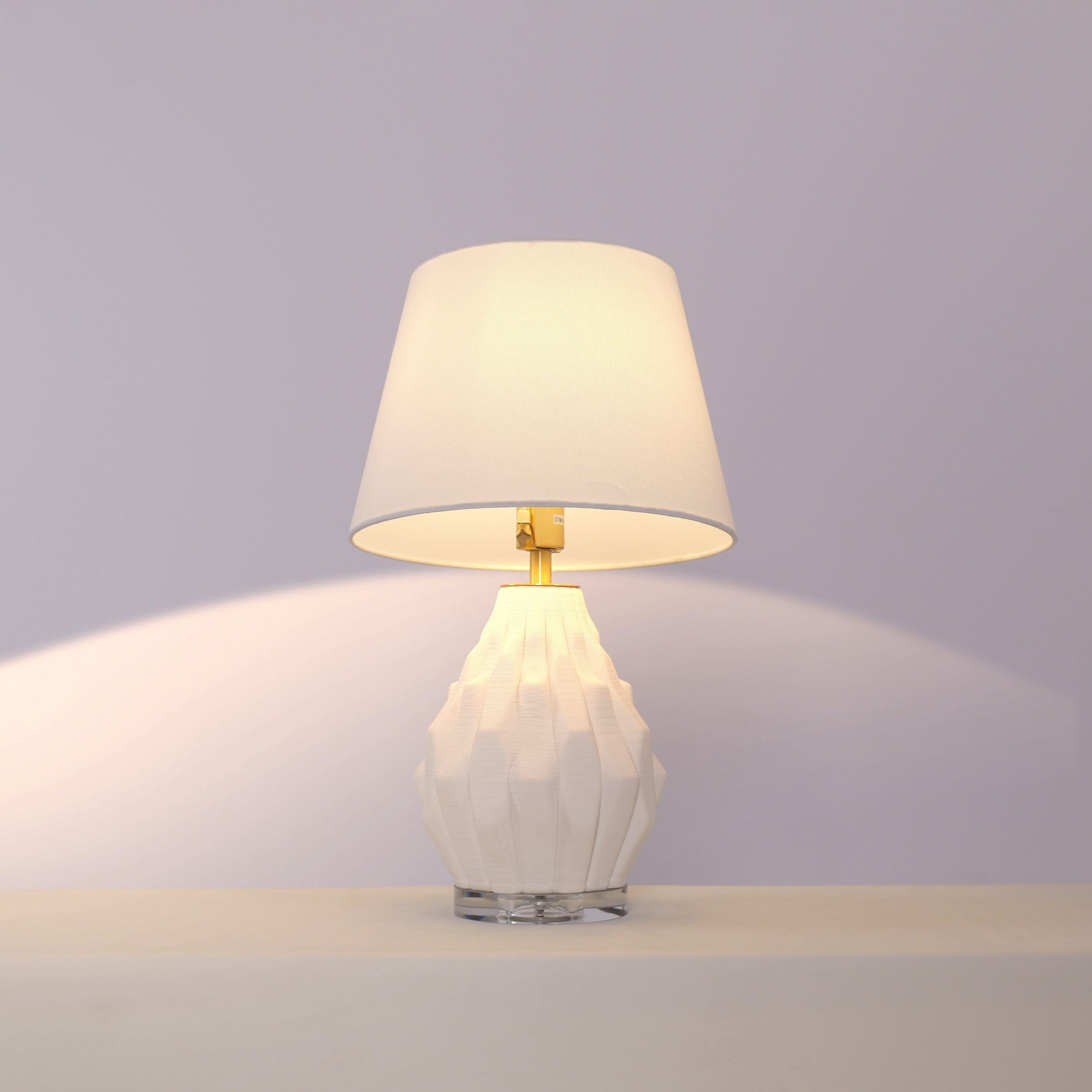 Lightsin 3D Pure White Polygonal Textured Ceramic Table Lamp with Fabric Shade