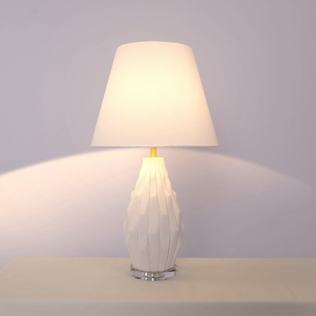Lightsin 3D Pure White Polygonal Textured Ceramic Table Lamp with Fabric Shade