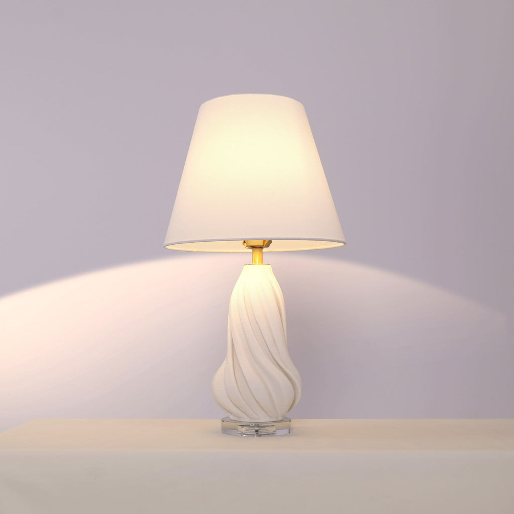 Lightsin 3D Pure White Ceramic Spiral Vase Table Lamp with Fabric Shade