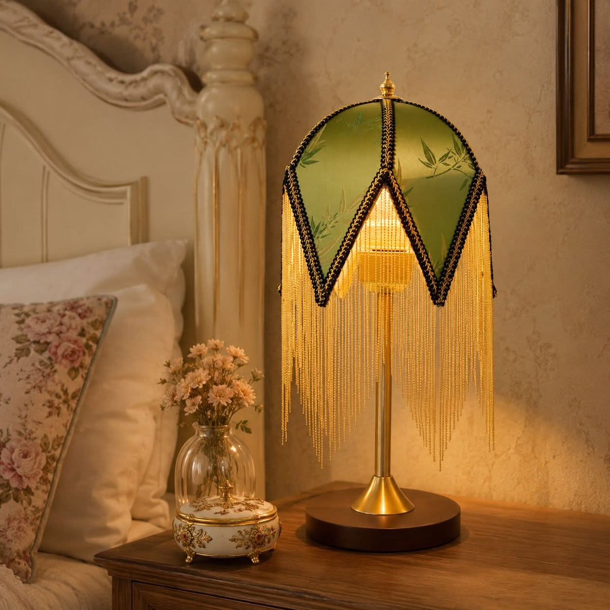 Mid-Century Vintage Tassel Table Lamp | Antique Brass & Fabric Bedside Lamp