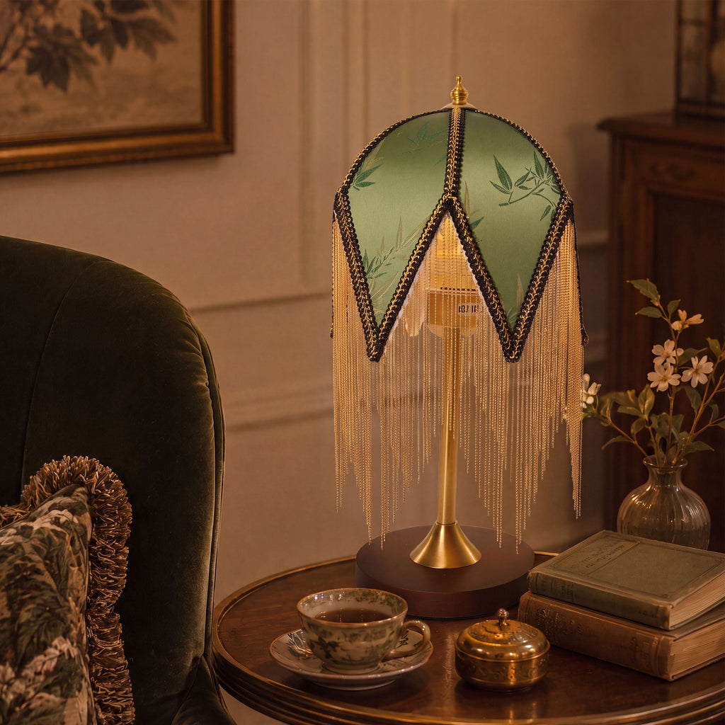 Mid-Century Vintage Tassel Table Lamp | Antique Brass & Fabric Bedside Lamp