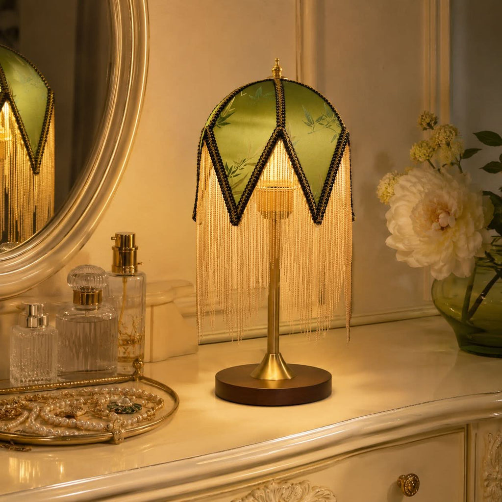 Mid-Century Vintage Tassel Table Lamp | Antique Brass & Fabric Bedside Lamp
