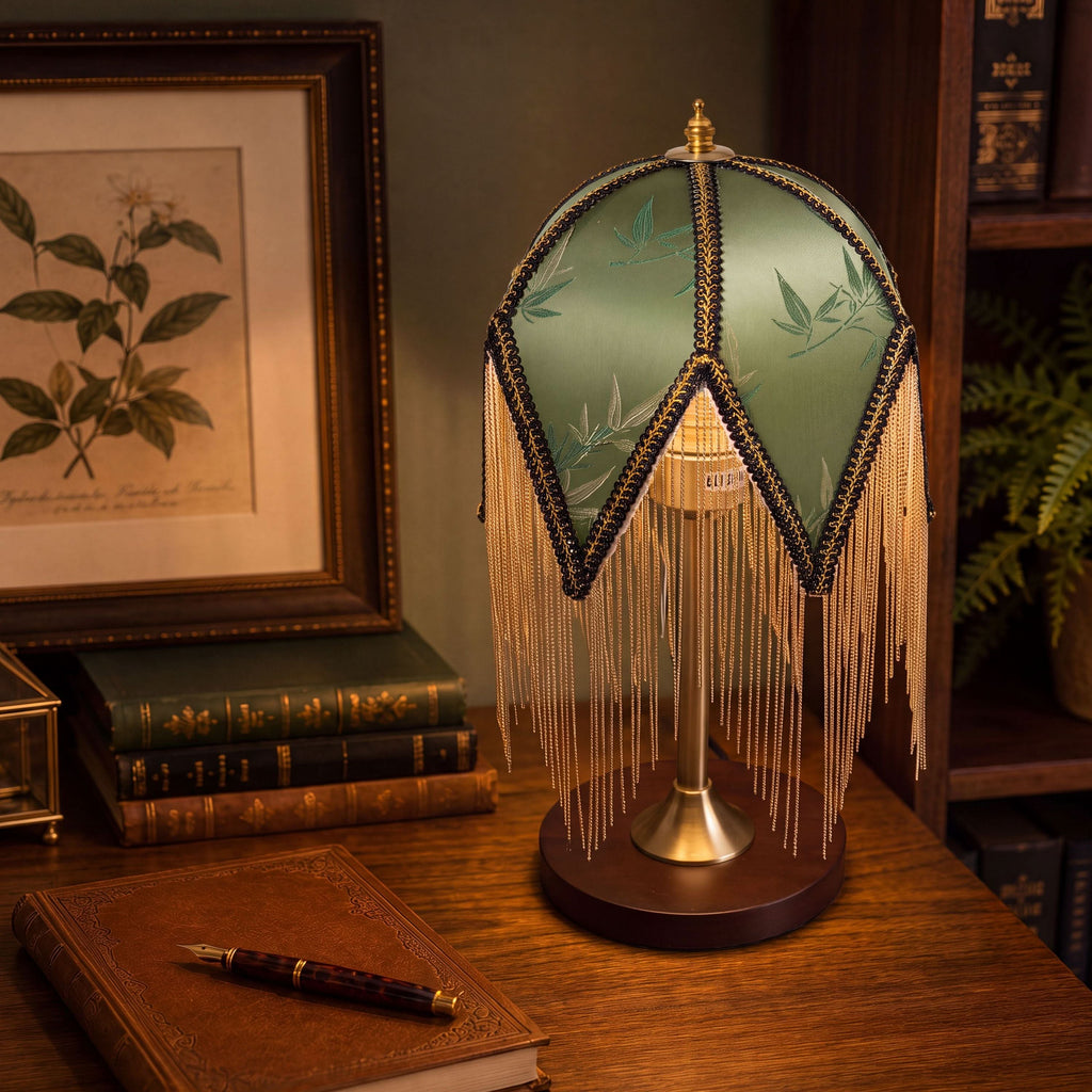 Mid-Century Vintage Tassel Table Lamp | Antique Brass & Fabric Bedside Lamp