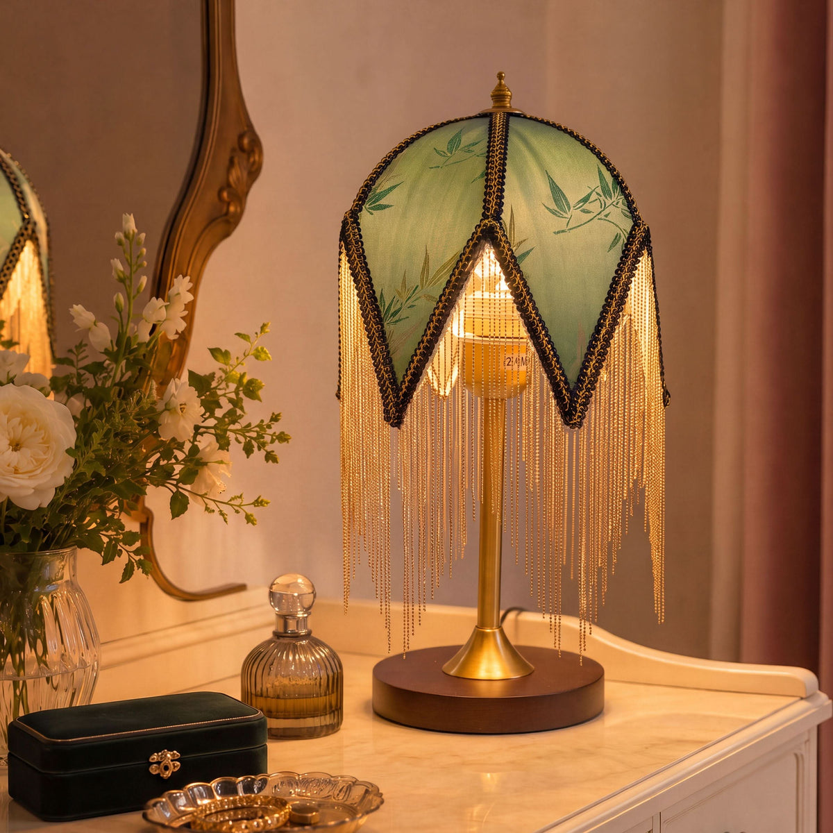 Mid-Century Vintage Tassel Table Lamp | Antique Brass & Fabric Bedside Lamp