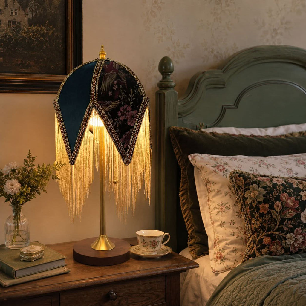 Mid-Century Vintage Tassel Table Lamp | Antique Brass & Fabric Bedside Lamp