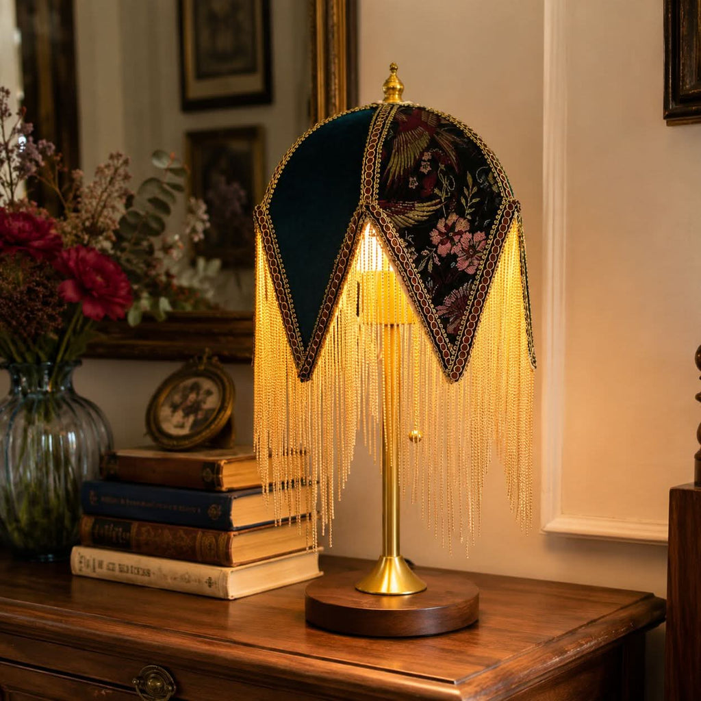 Mid-Century Vintage Tassel Table Lamp | Antique Brass & Fabric Bedside Lamp