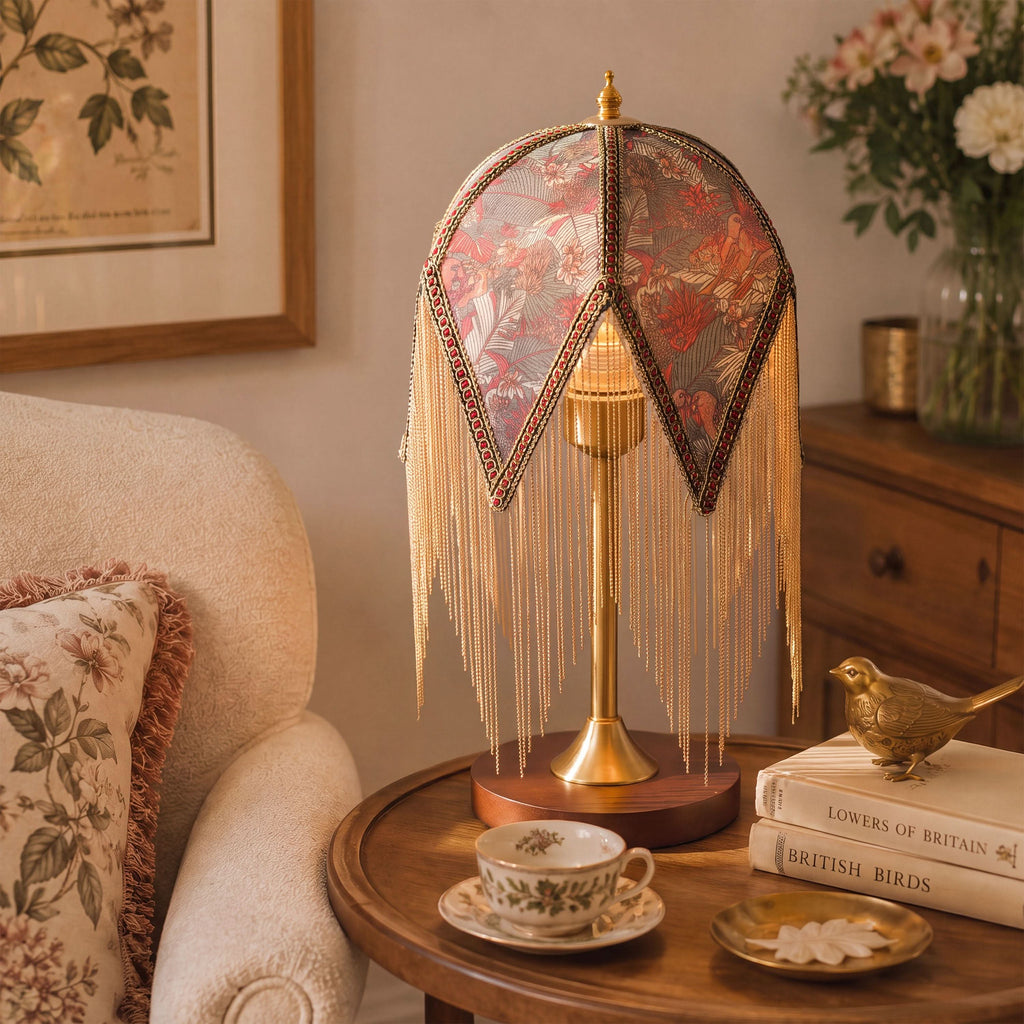 Mid-Century Vintage Tassel Table Lamp | Antique Brass & Fabric Bedside Lamp