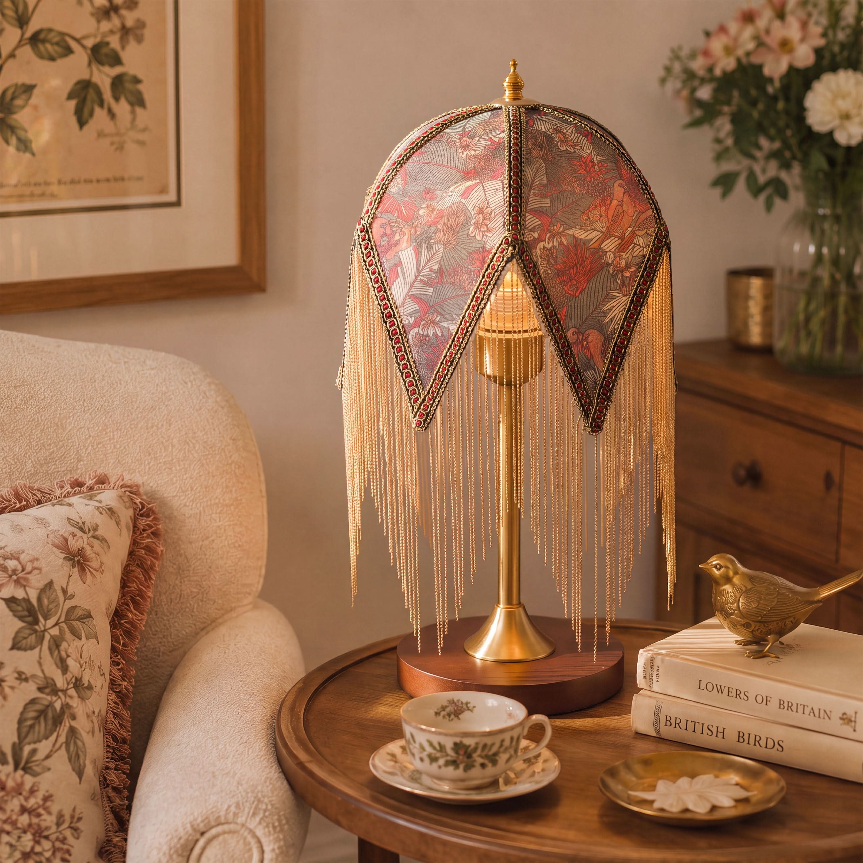 Mid-Century Vintage Tassel Table Lamp | Antique Brass & Fabric Bedside Lamp