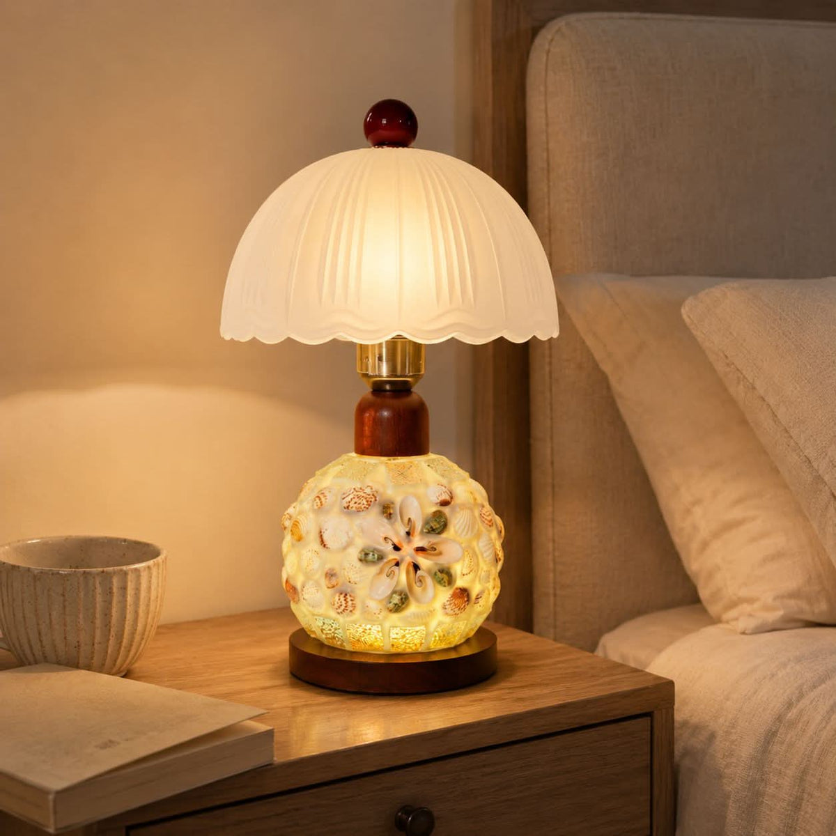 Mosaic Seashell Table Lamp - Coastal Glass & Wood Bedside Light