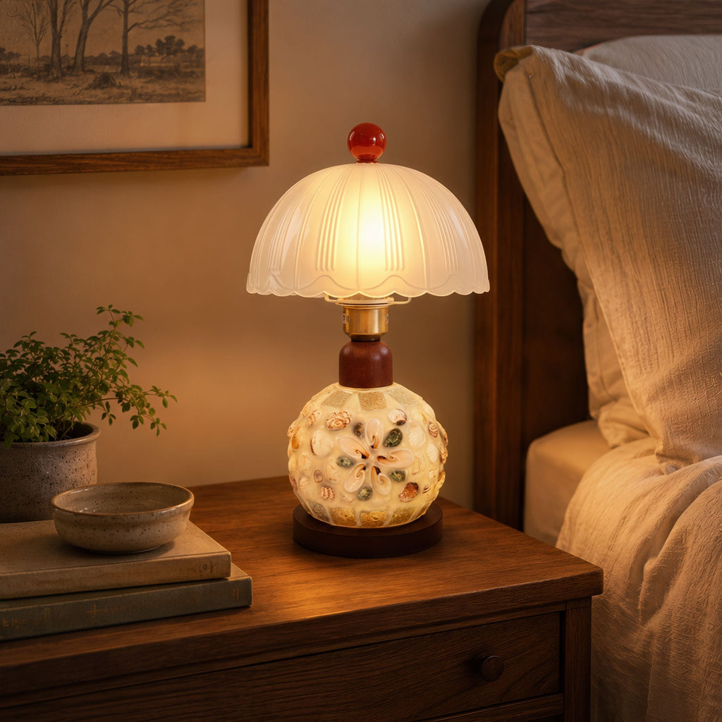 Mosaic Seashell Table Lamp - Coastal Glass & Wood Bedside Light