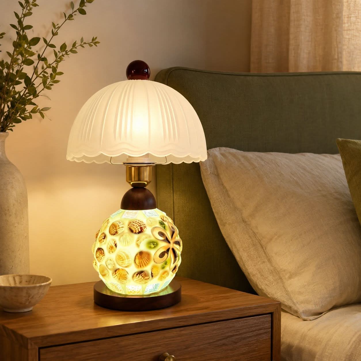 Mosaic Seashell Table Lamp - Coastal Glass & Wood Bedside Light