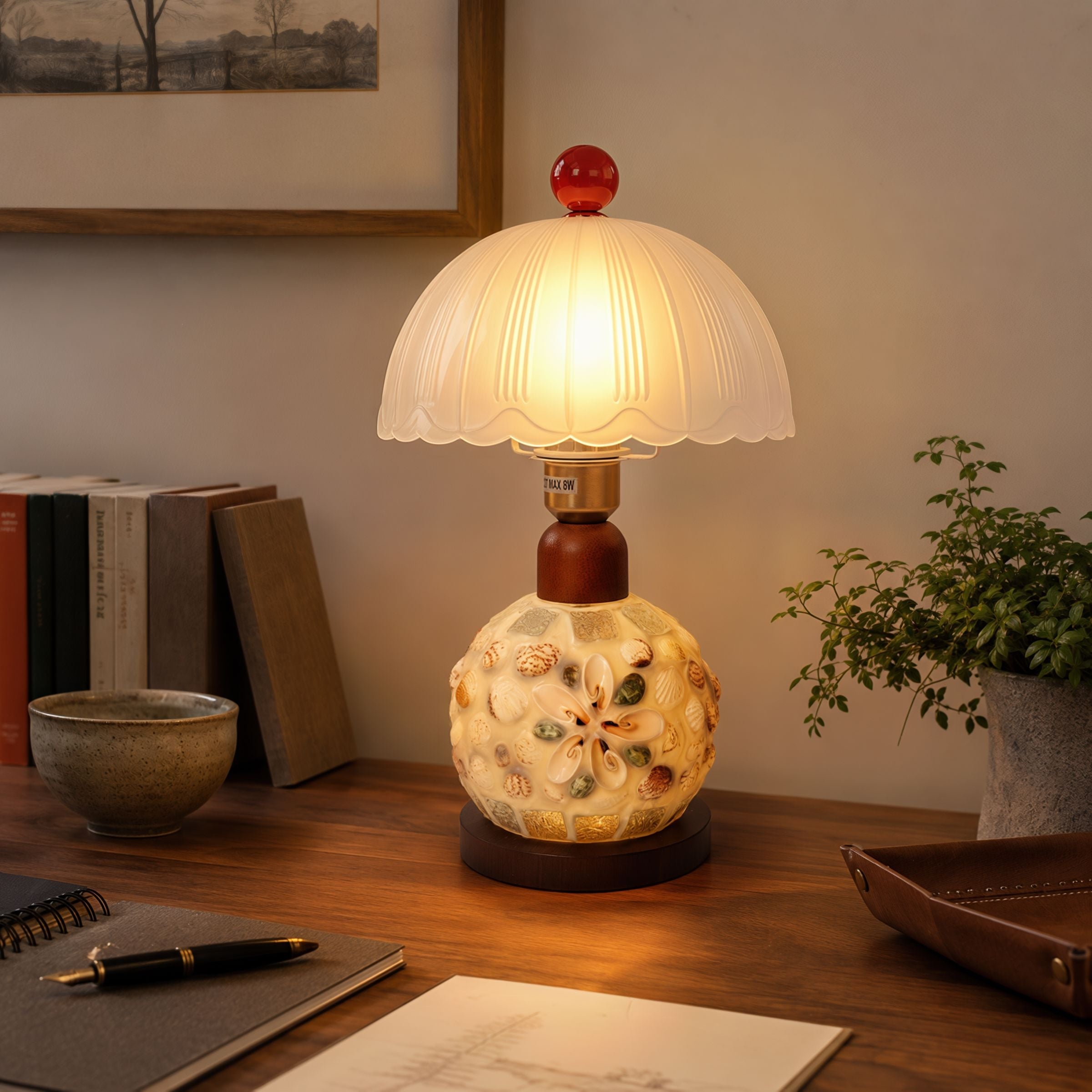 Mosaic Seashell Table Lamp - Coastal Glass & Wood Bedside Light