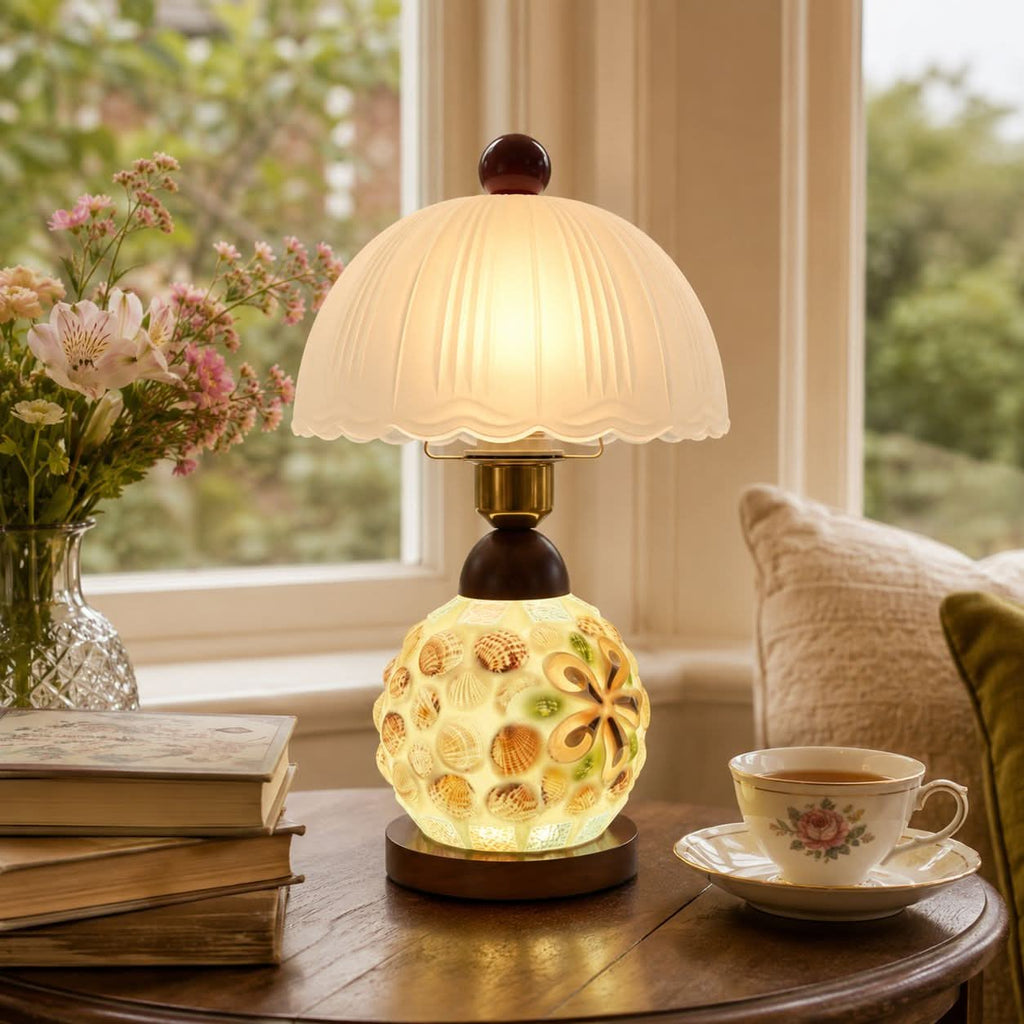 Mosaic Seashell Table Lamp - Coastal Glass & Wood Bedside Light