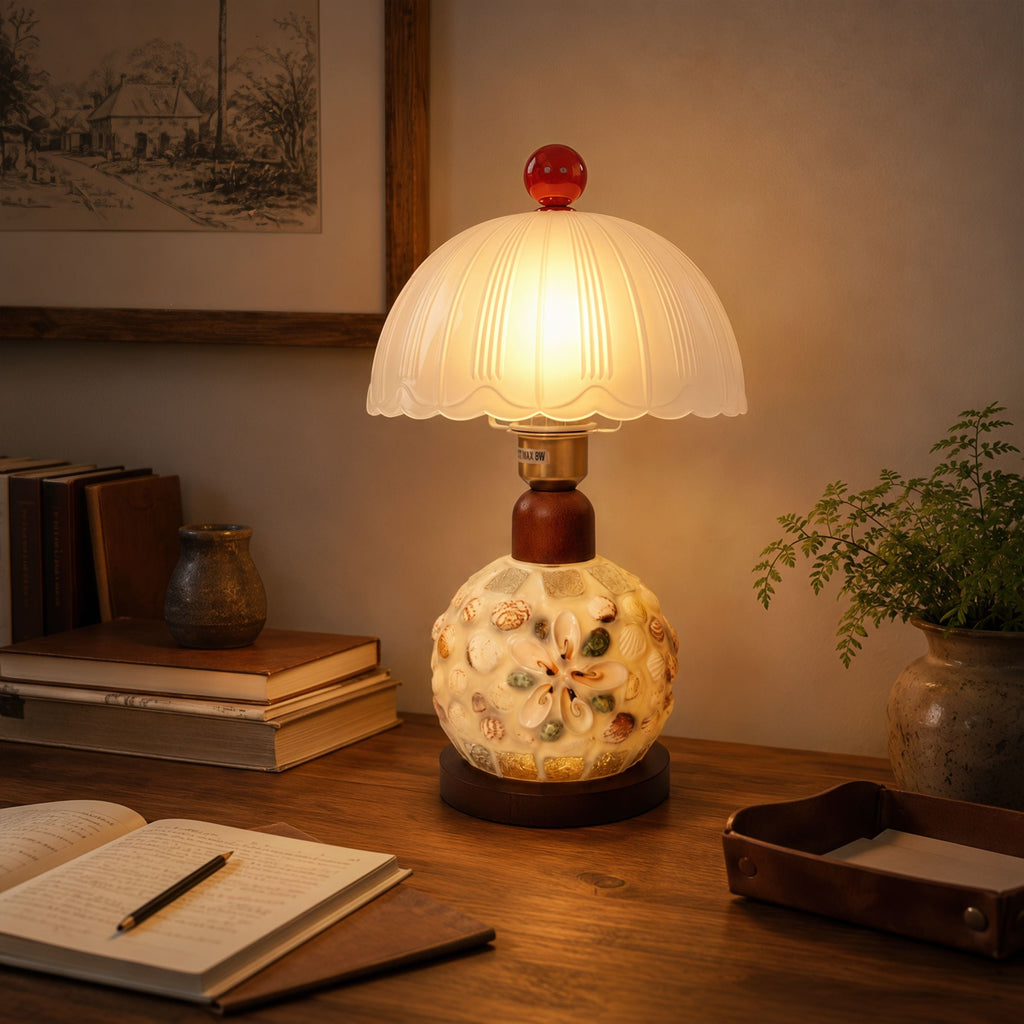 Mosaic Seashell Table Lamp - Coastal Glass & Wood Bedside Light