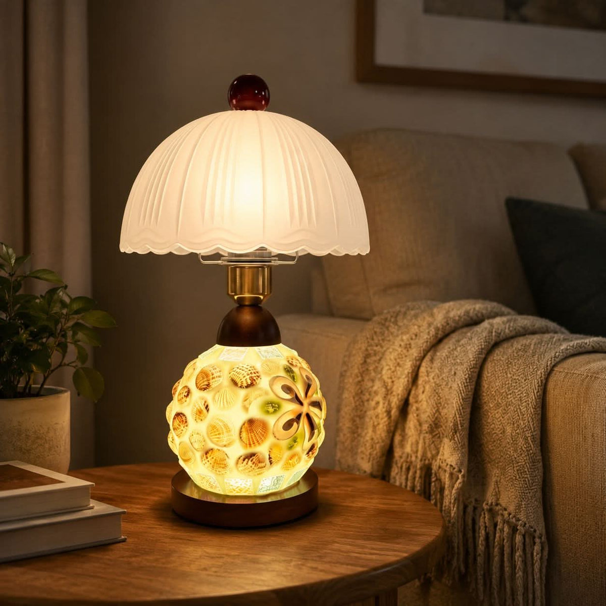 Mosaic Seashell Table Lamp - Coastal Glass & Wood Bedside Light