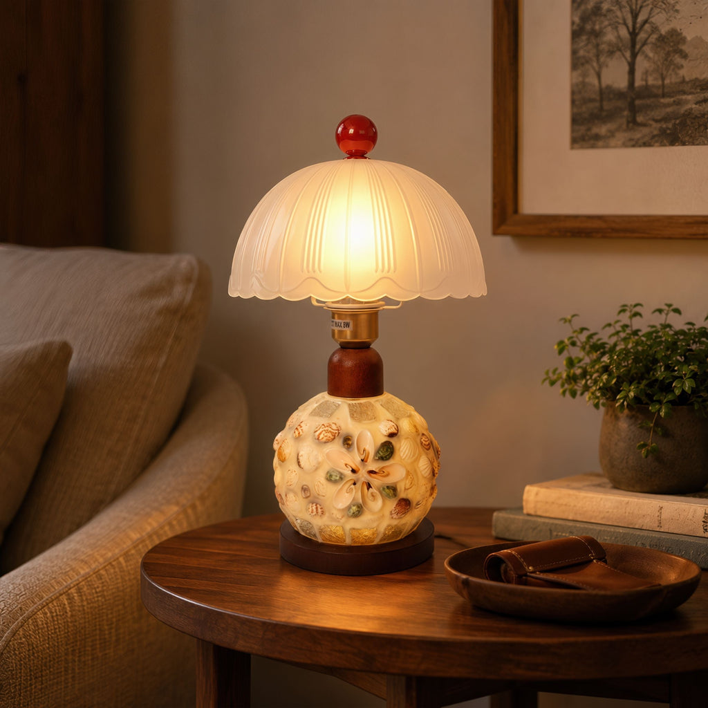 Mosaic Seashell Table Lamp - Coastal Glass & Wood Bedside Light