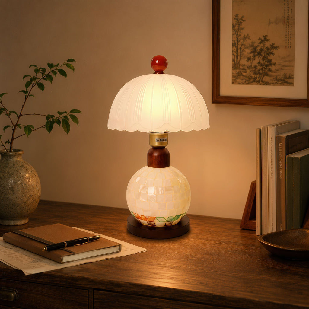 Mosaic Mother-of-Pearl Table Lamp - Coastal Glass & Wood Bedside Light