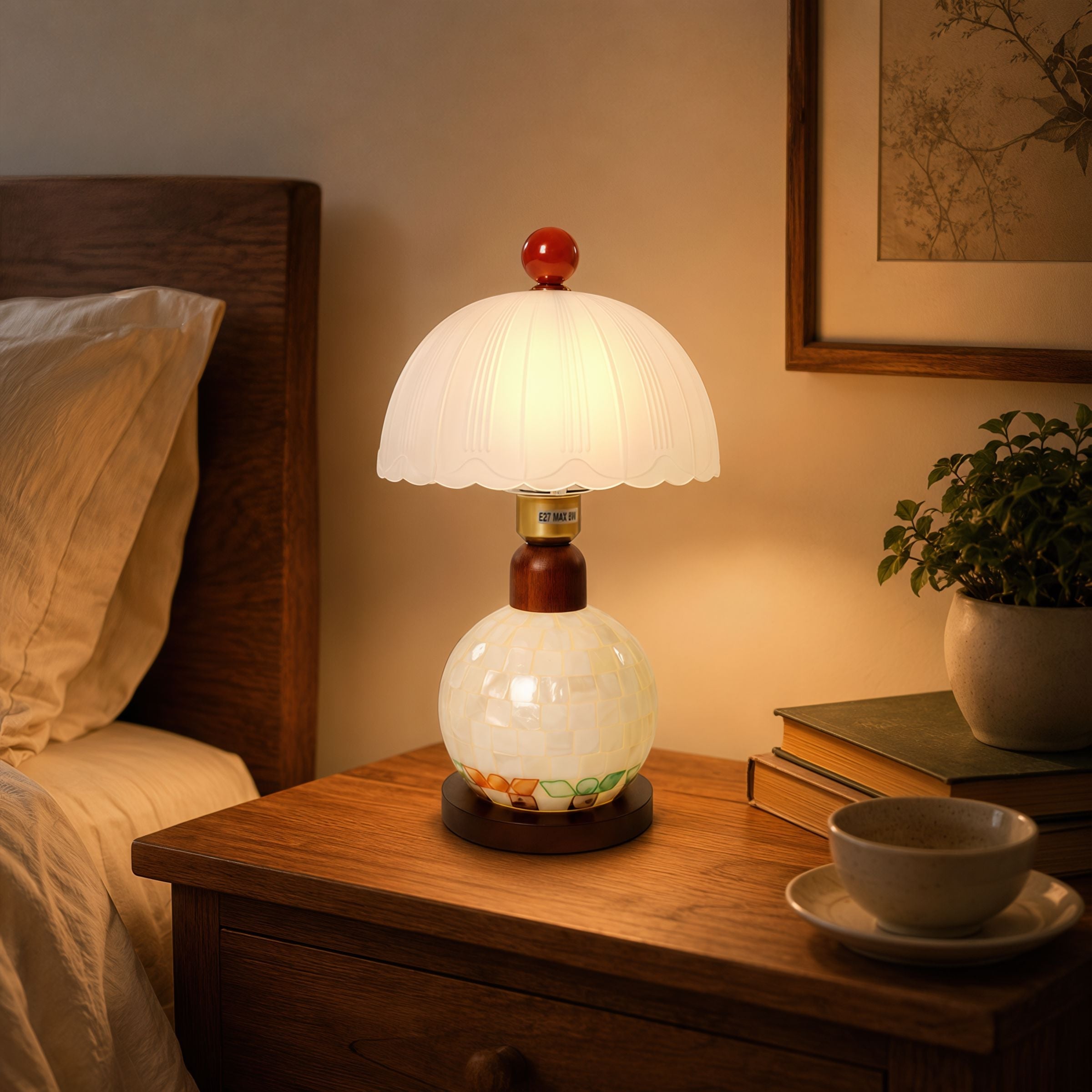 Mosaic Mother-of-Pearl Table Lamp - Coastal Glass & Wood Bedside Light