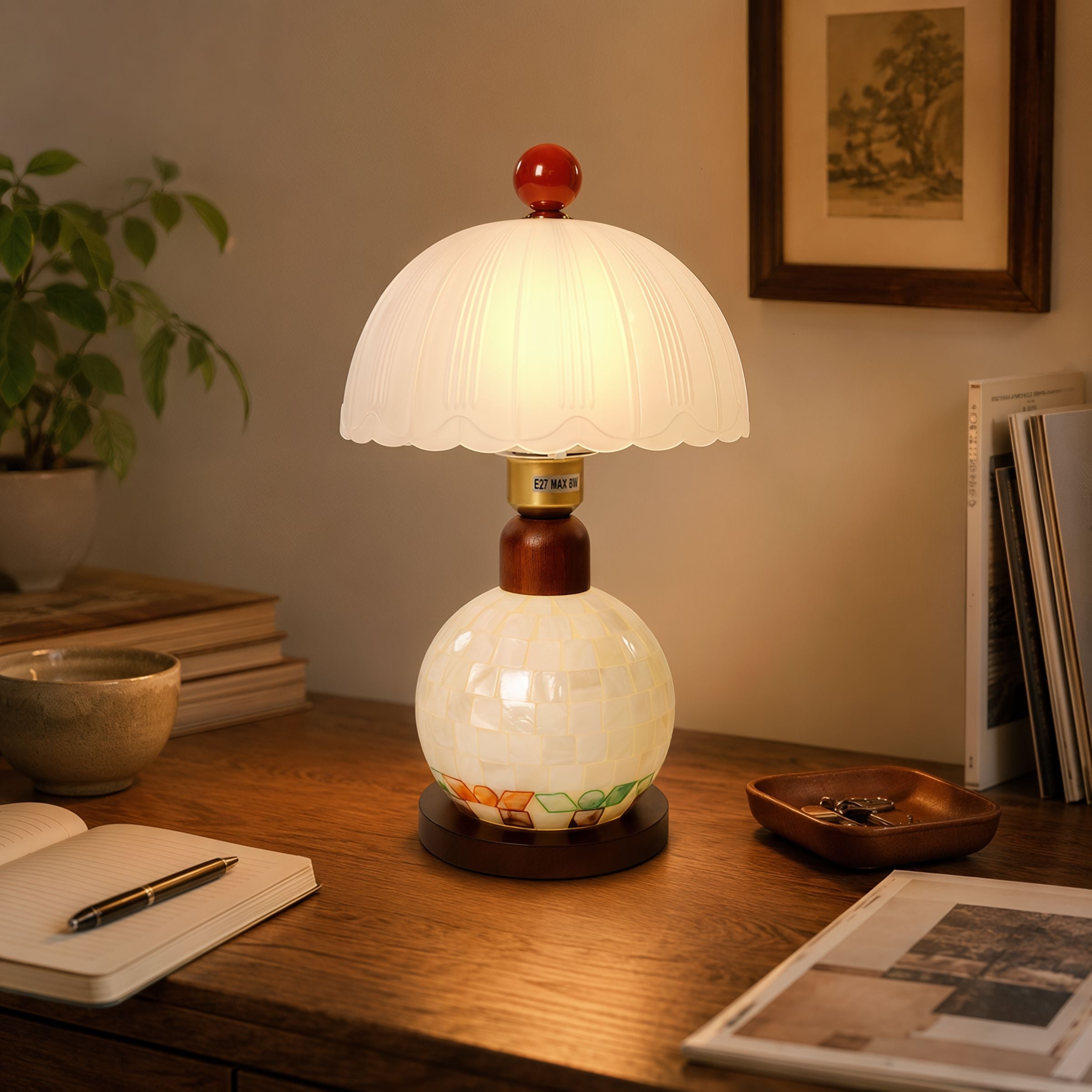 Mosaic Mother-of-Pearl Table Lamp - Coastal Glass & Wood Bedside Light