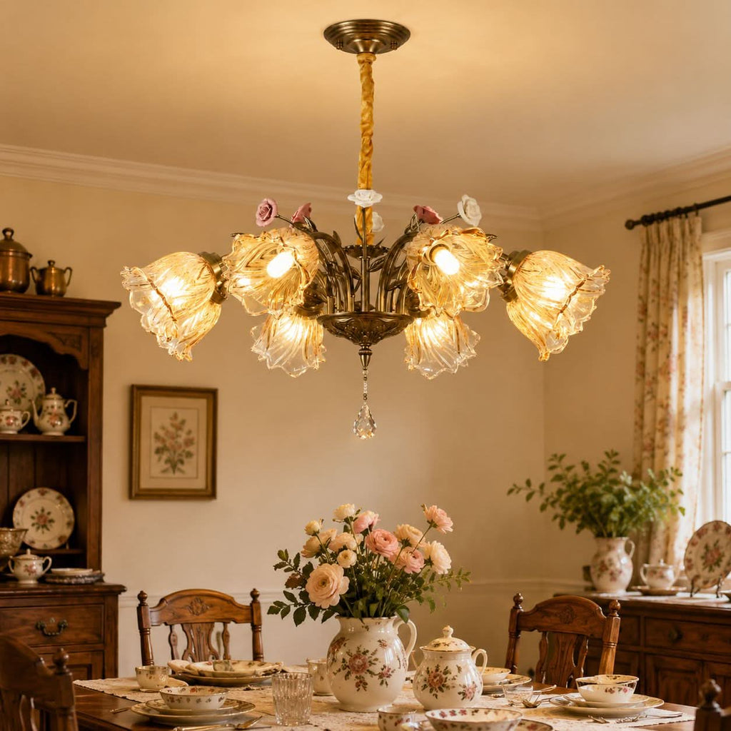 Antique Bronze and Amber Vintage 8-Light Ceramic Flower Pendant Light