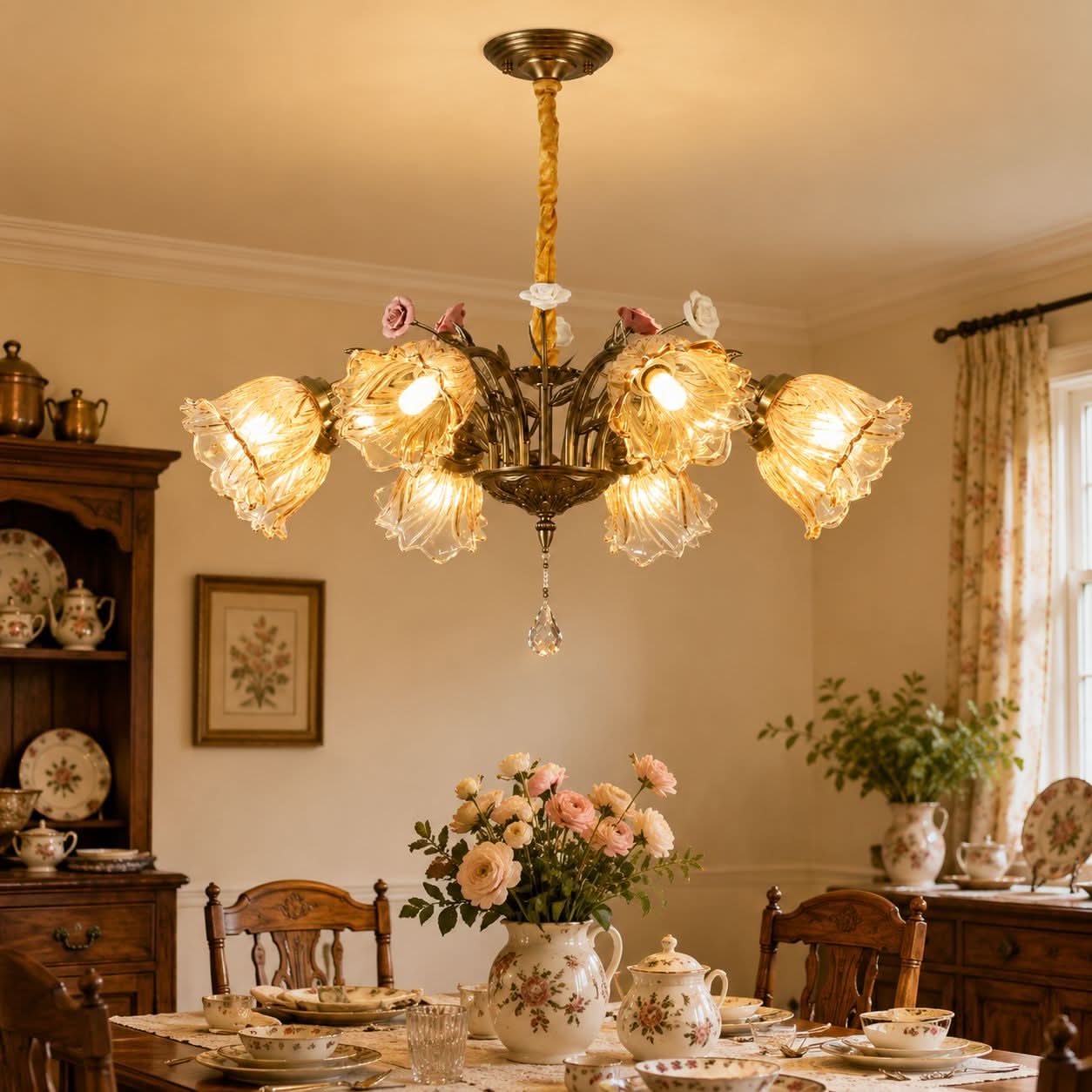Antique Bronze and Amber Vintage 8-Light Ceramic Flower Pendant Light