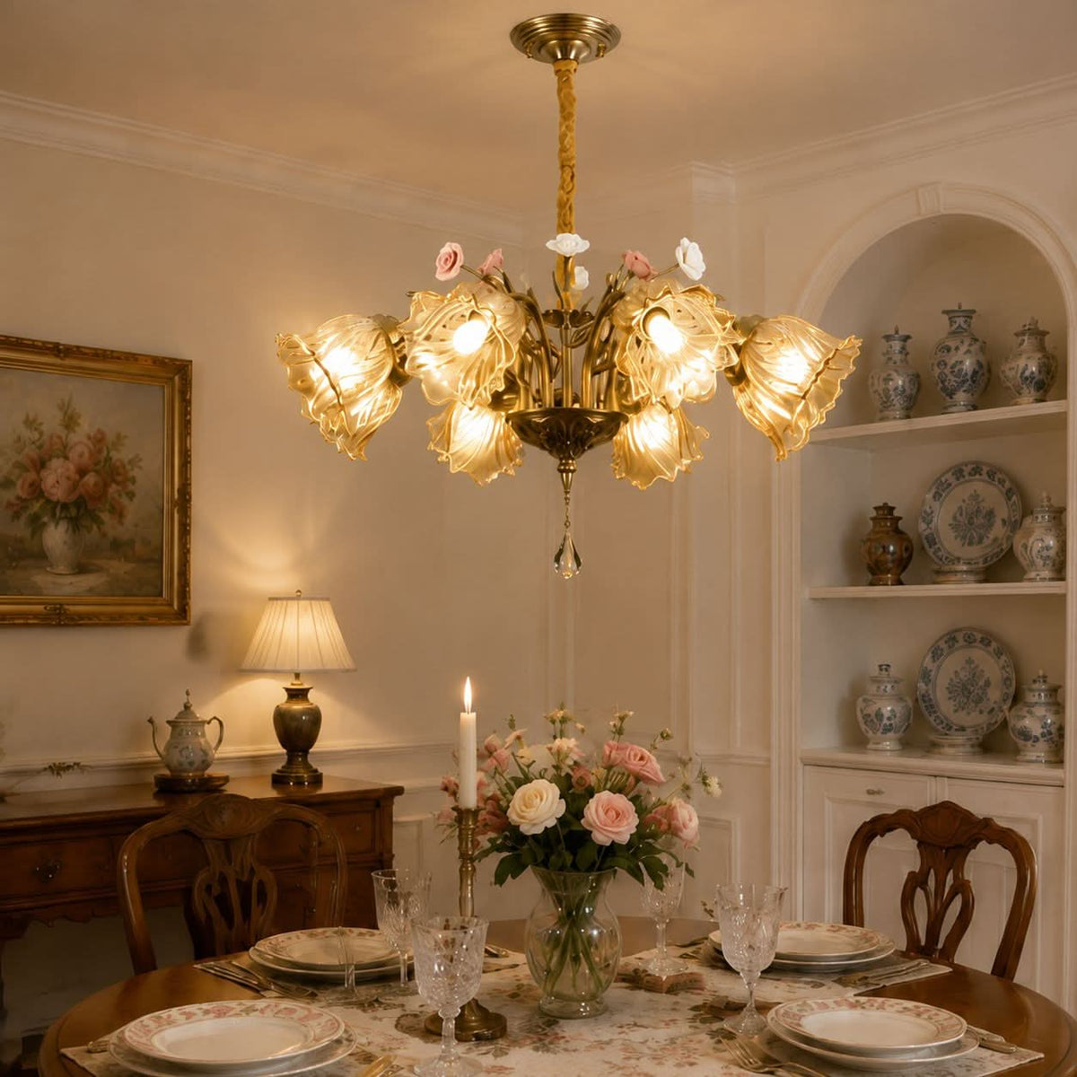 Antique Bronze and Amber Vintage 8-Light Ceramic Flower Pendant Light