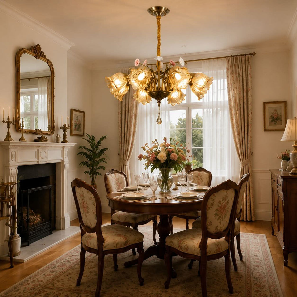 Antique Bronze and Amber Vintage 8-Light Ceramic Flower Pendant Light