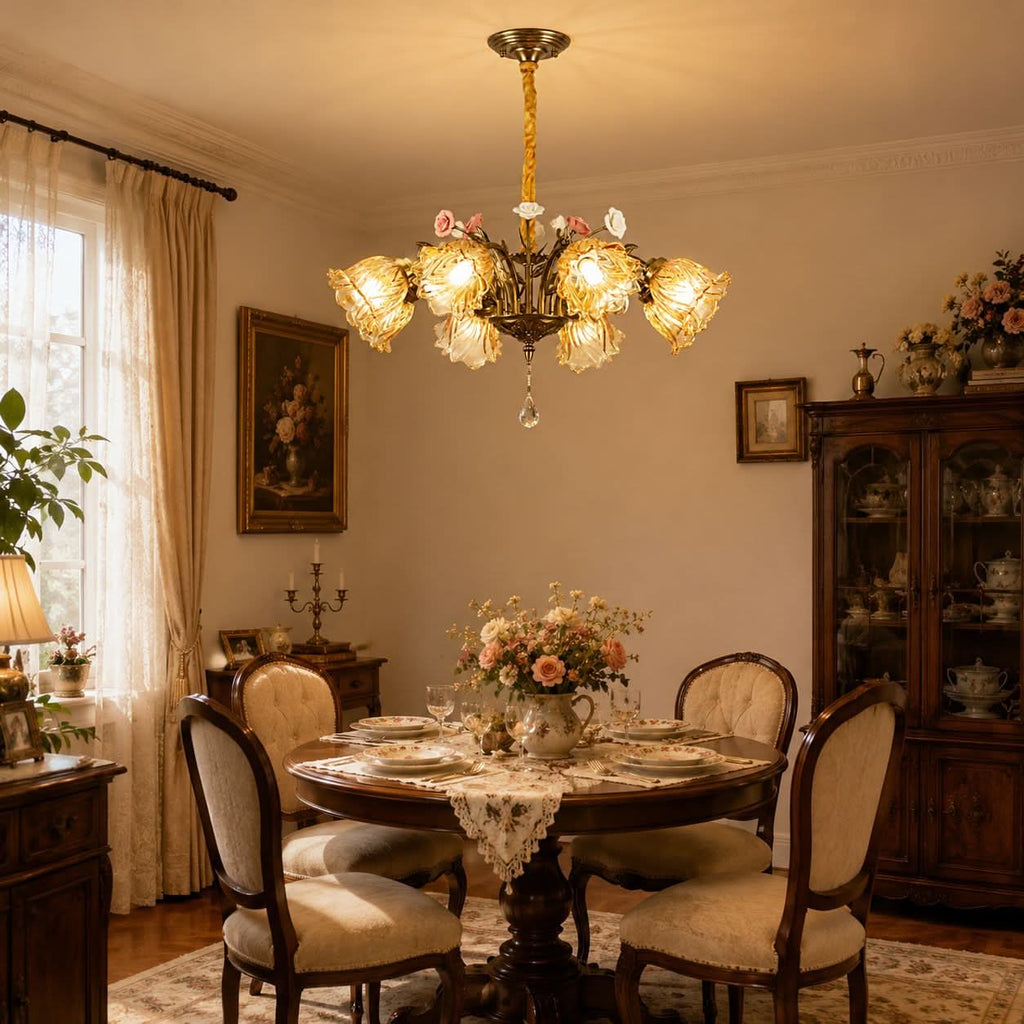 Antique Bronze and Amber Vintage 8-Light Ceramic Flower Pendant Light