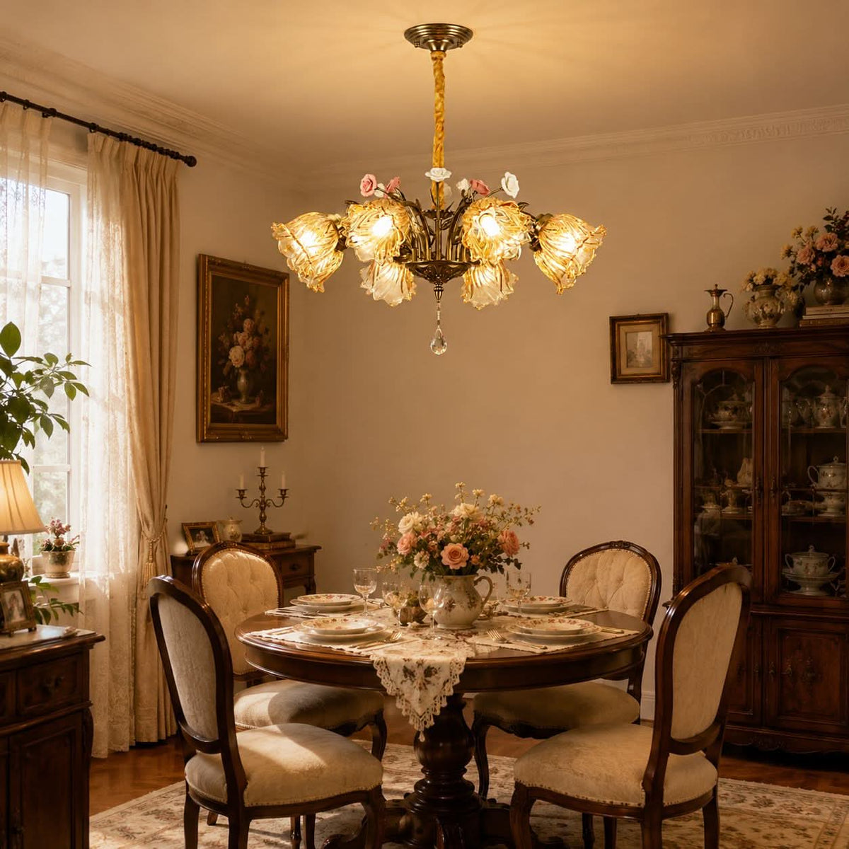 Antique Bronze and Amber Vintage 8-Light Ceramic Flower Pendant Light
