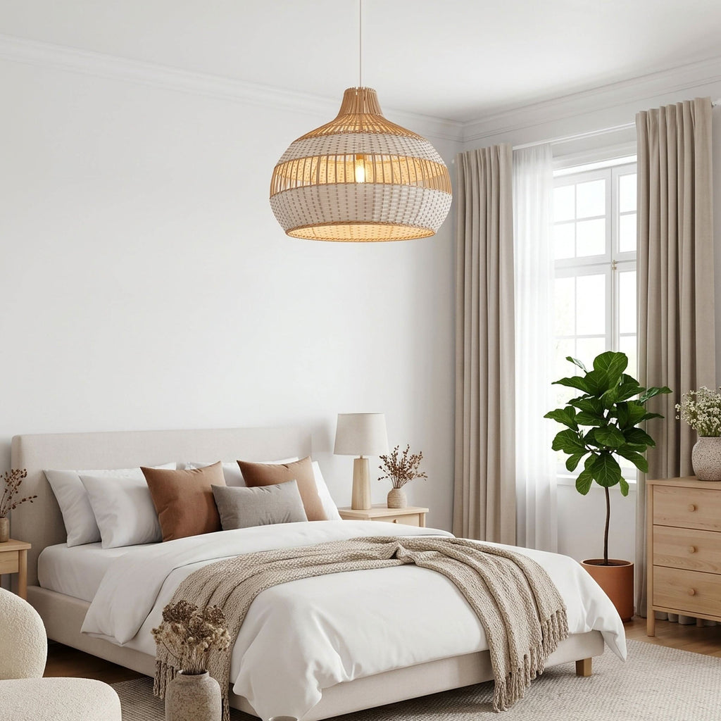 Dewlight-Handwoven Half White Rattan Pendant Light | Kitchen Island Pendant Lamp