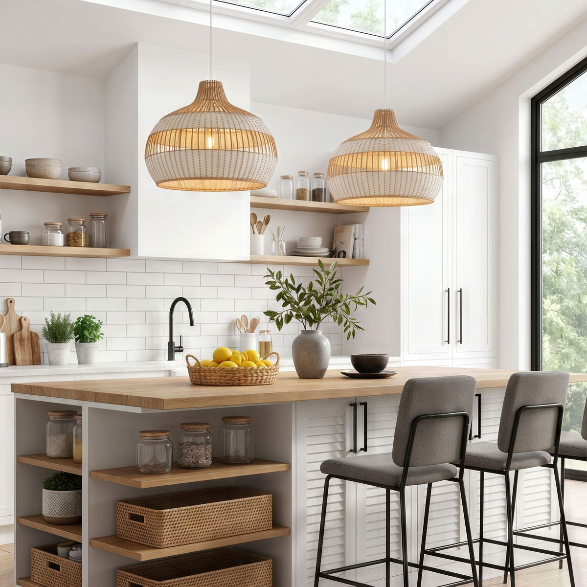 Dewlight-Handwoven Half White Rattan Pendant Light | Kitchen Island Pendant Lamp