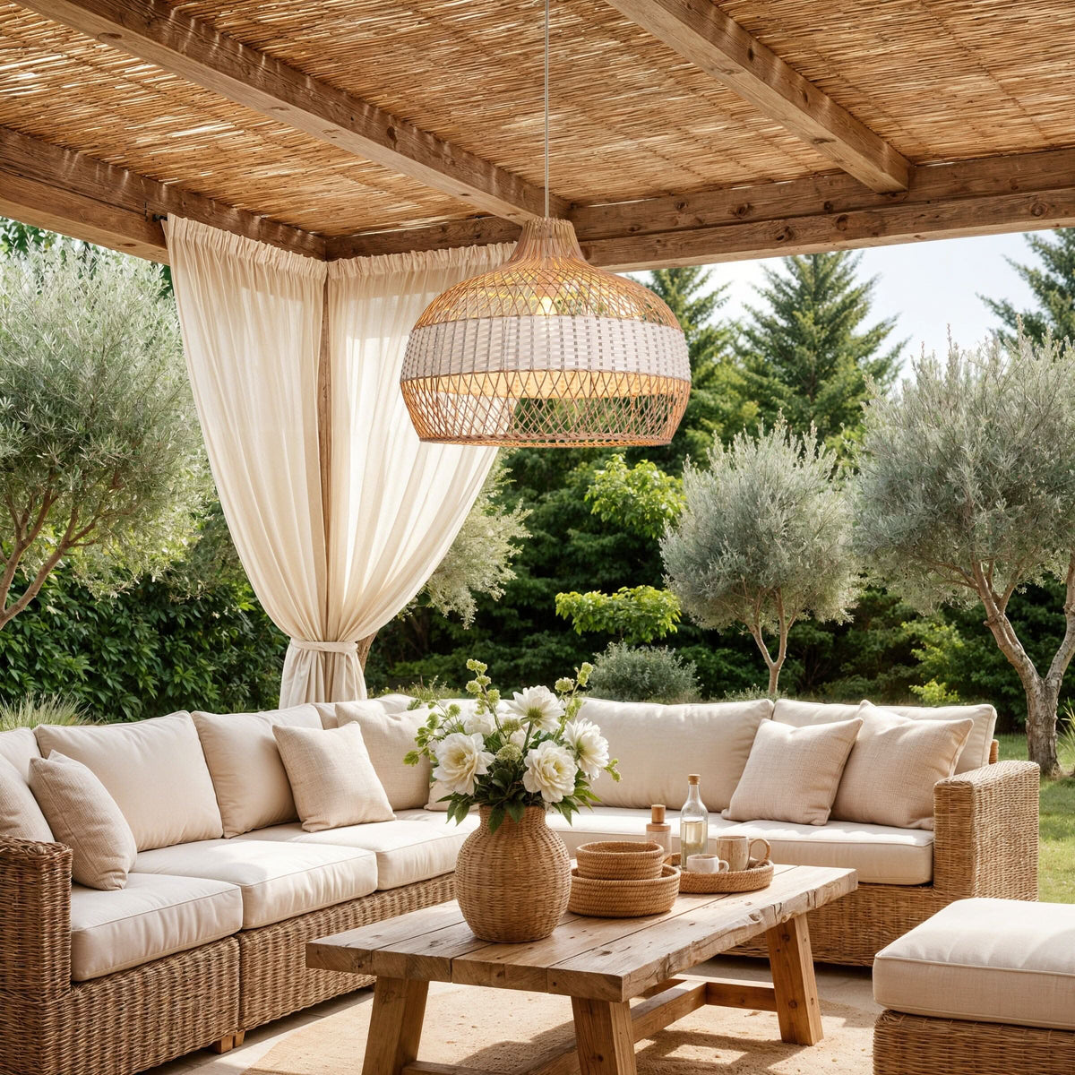 Dewlight-Handwoven Half White Rattan Pendant Light | Kitchen Island Pendant Lamp