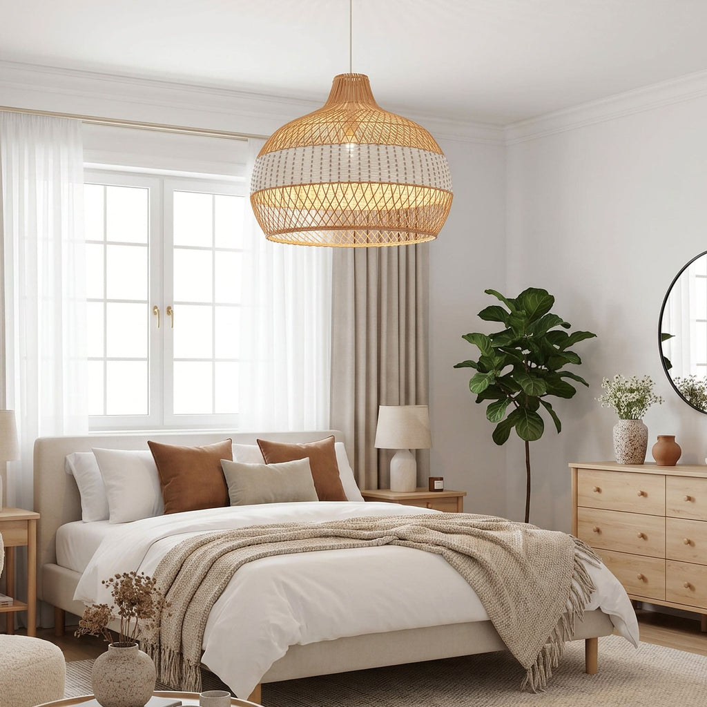 Dewlight-Handwoven Half White Rattan Pendant Light | Kitchen Island Pendant Lamp