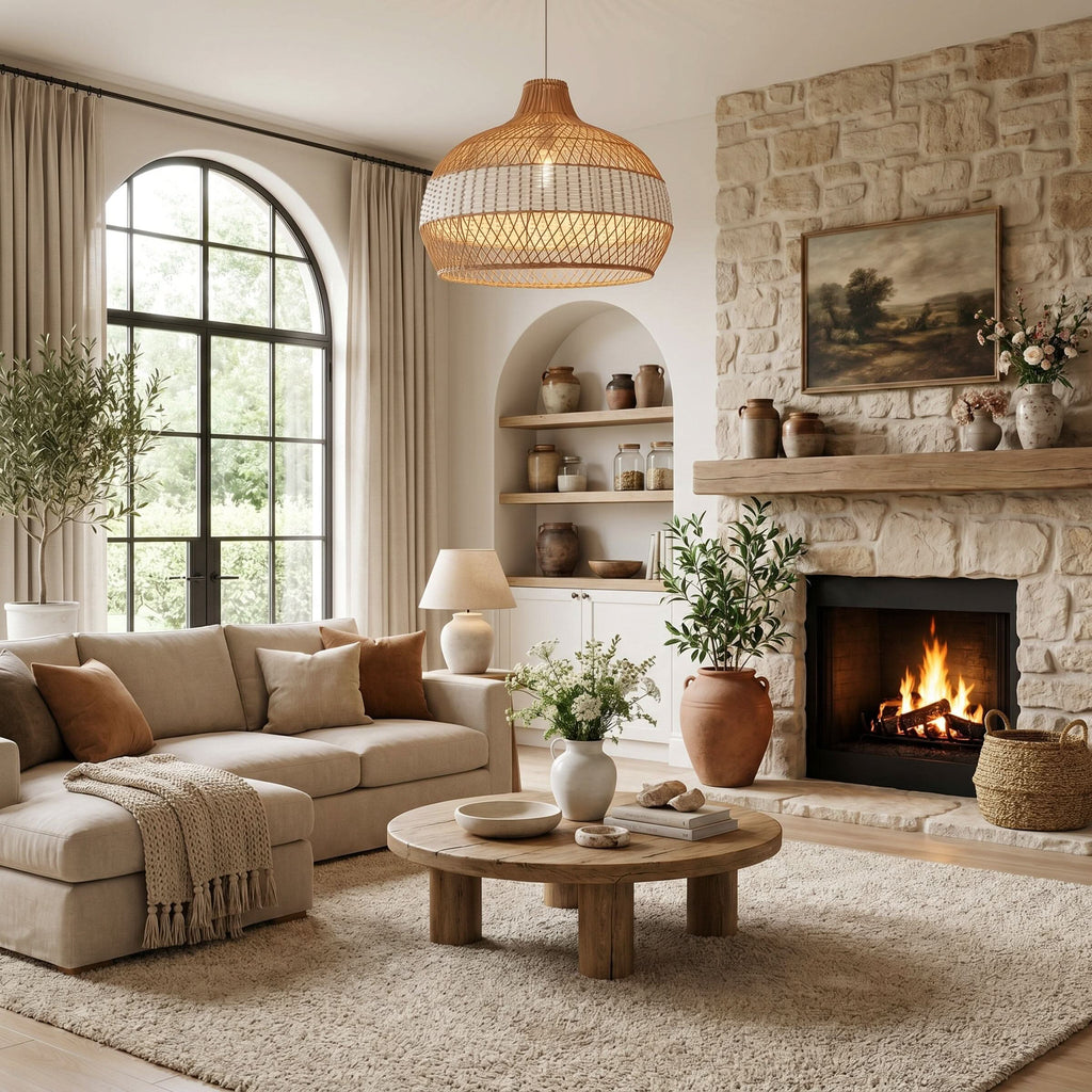 Dewlight-Handwoven Half White Rattan Pendant Light | Kitchen Island Pendant Lamp