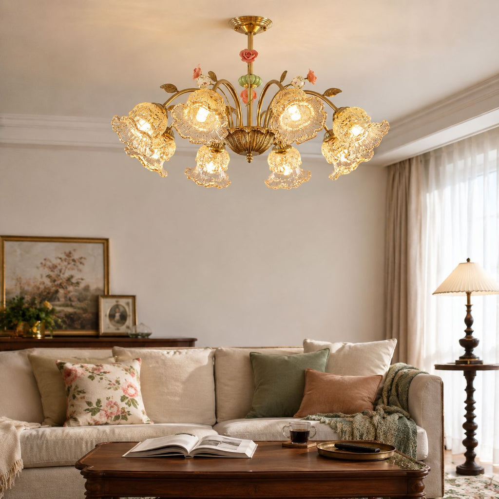 8-Light Gold Vintage Pink Floral Glass Chandelier | E27 Ceiling Lamp