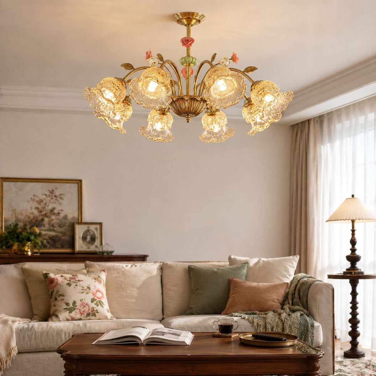 8-Light Gold Vintage Pink Floral Glass Chandelier | E27 Ceiling Lamp