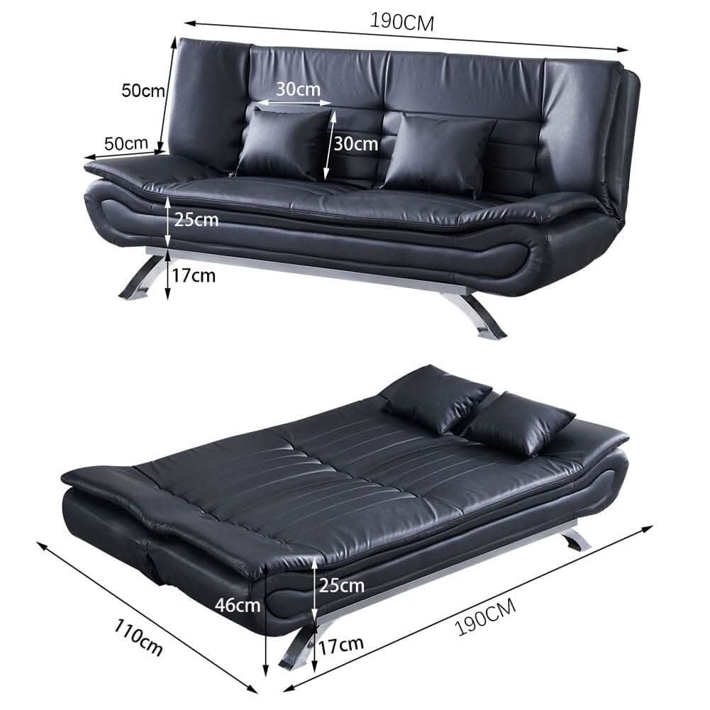 6ft Wide Sofa Bed Black 3 Seater Recliner PU Leather