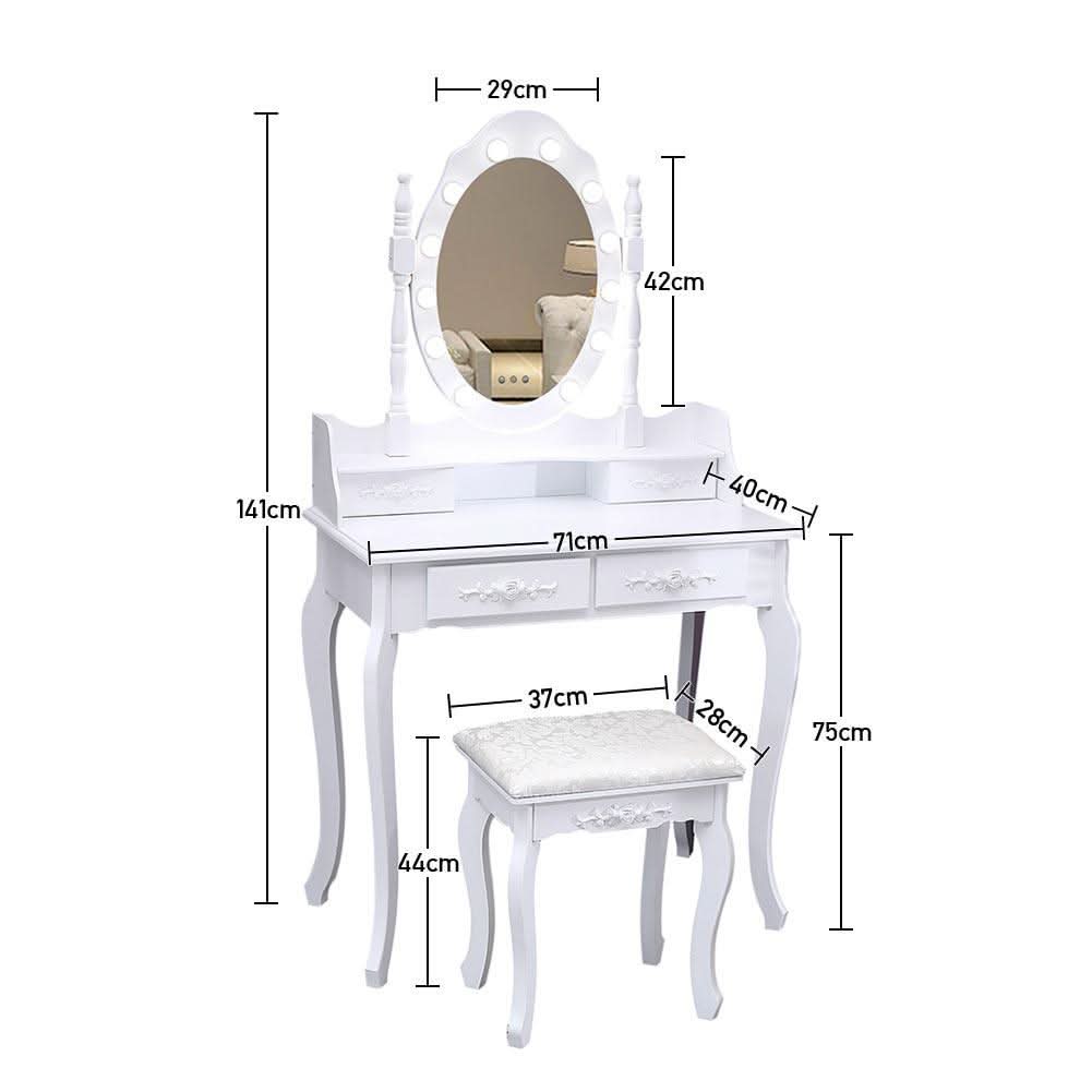 4 Drawers Dressing Table Dressers Bedroom with Bulbs Mirror & Stool Set White
