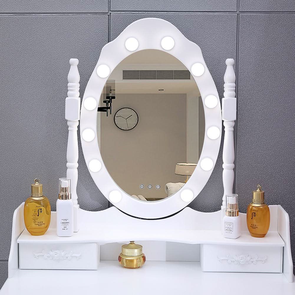 4 Drawers Dressing Table Dressers Bedroom with Bulbs Mirror & Stool Set White