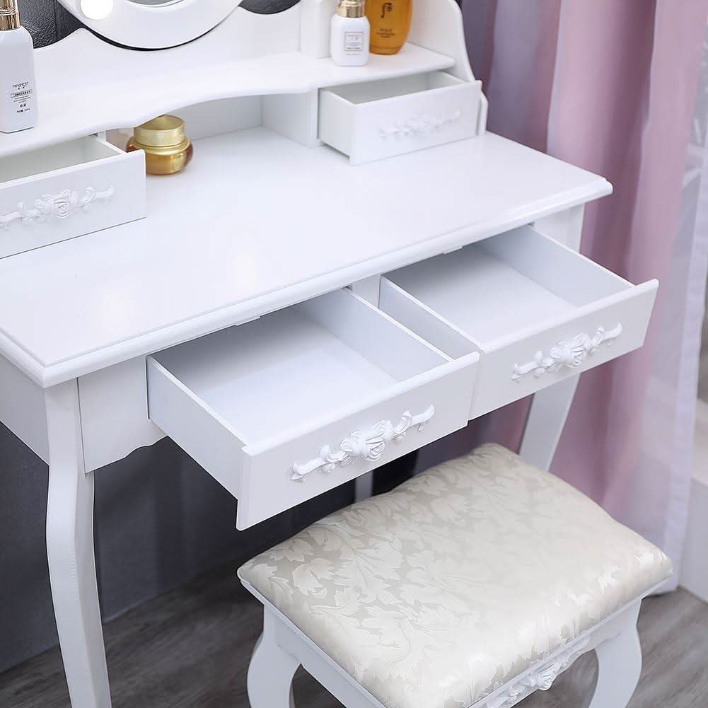 4 Drawers Dressing Table Dressers Bedroom with Bulbs Mirror & Stool Set White