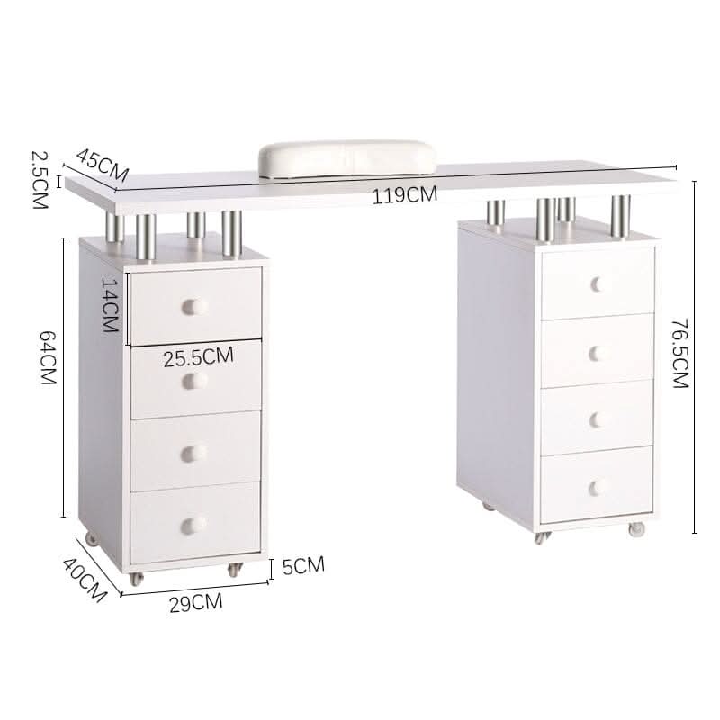 120cm W White Professional Manicure Table on Wheels with 8 Drawer