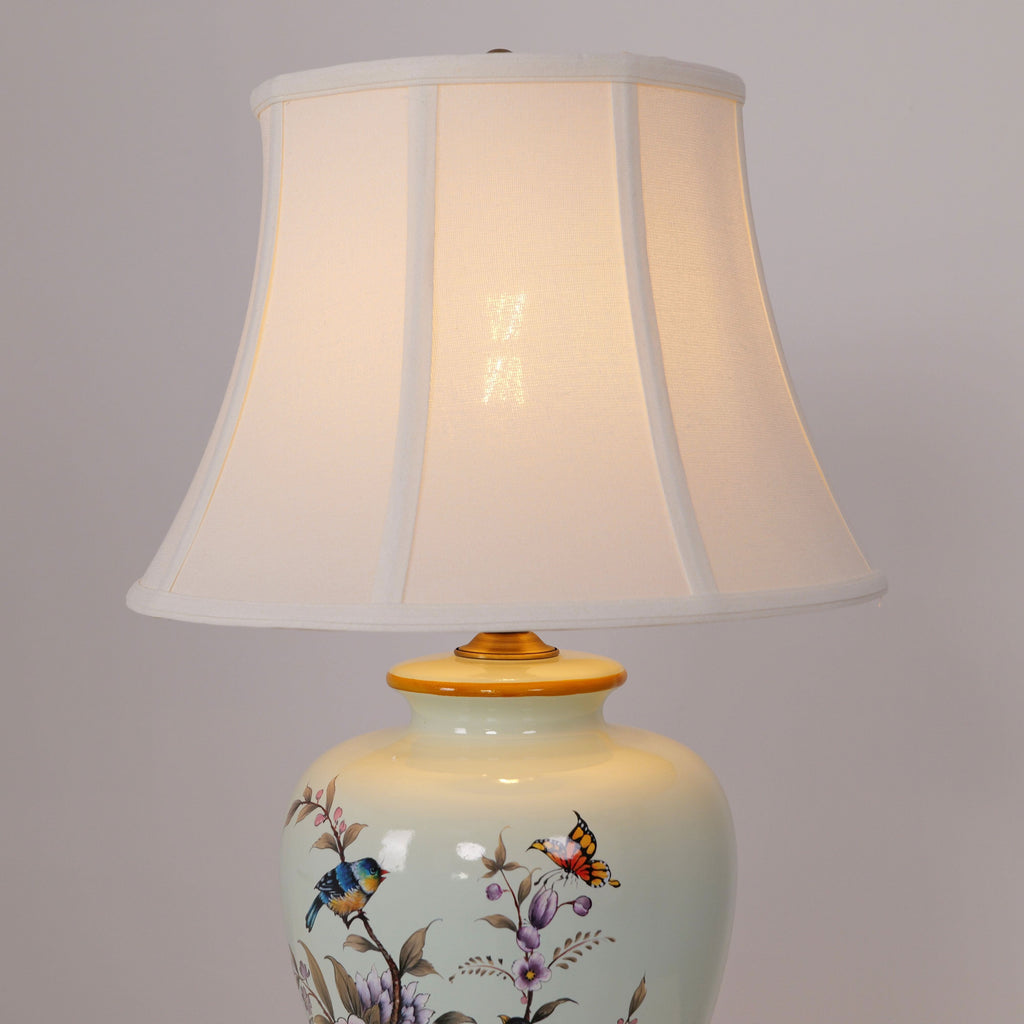 Lightsin Hand-Painted Vintage Ceramic Bird & Floral Table Lamp in Soft Celadon Green