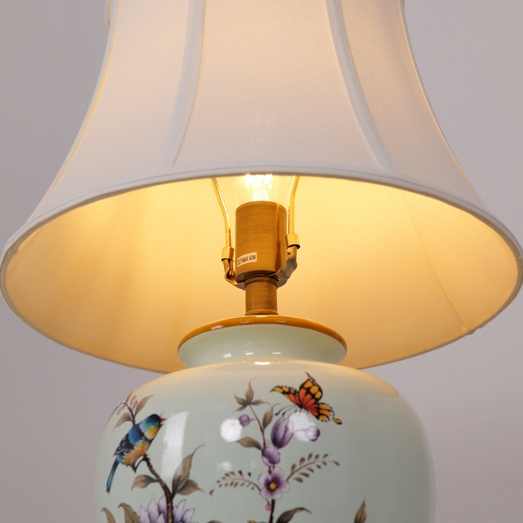 Lightsin Hand-Painted Vintage Ceramic Bird & Floral Table Lamp in Soft Celadon Green
